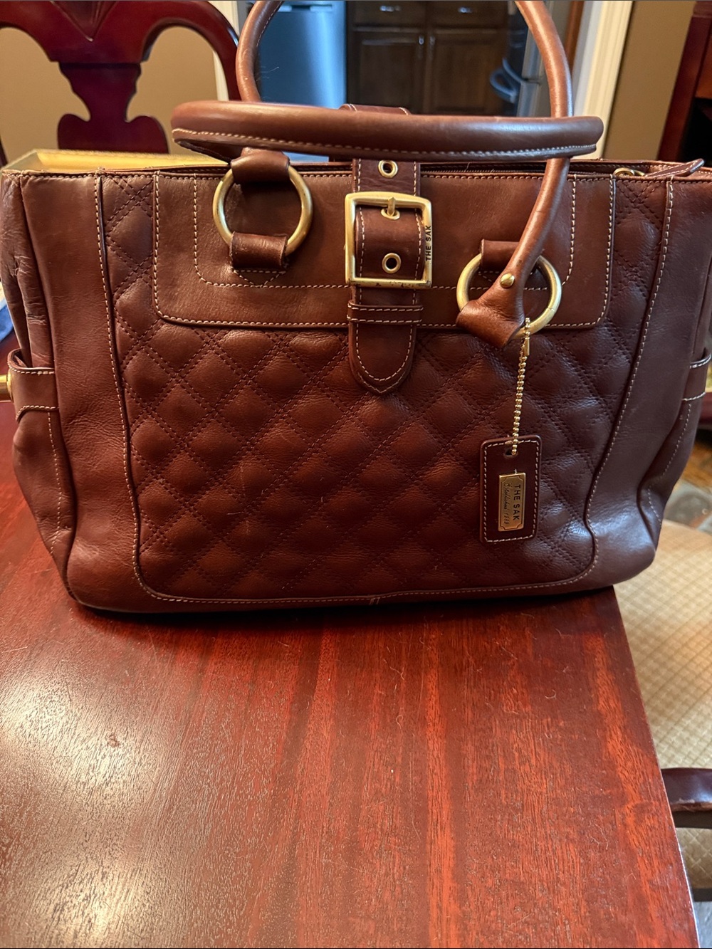 Quilted Brown Leather Tote Bag with Gold Hardware